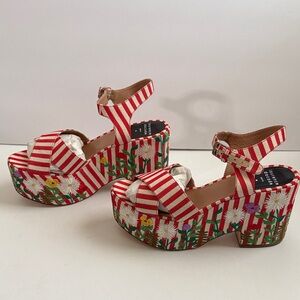 Laurence Dacade Red & Cream Striped Platform Sandals with Floral Embroidery